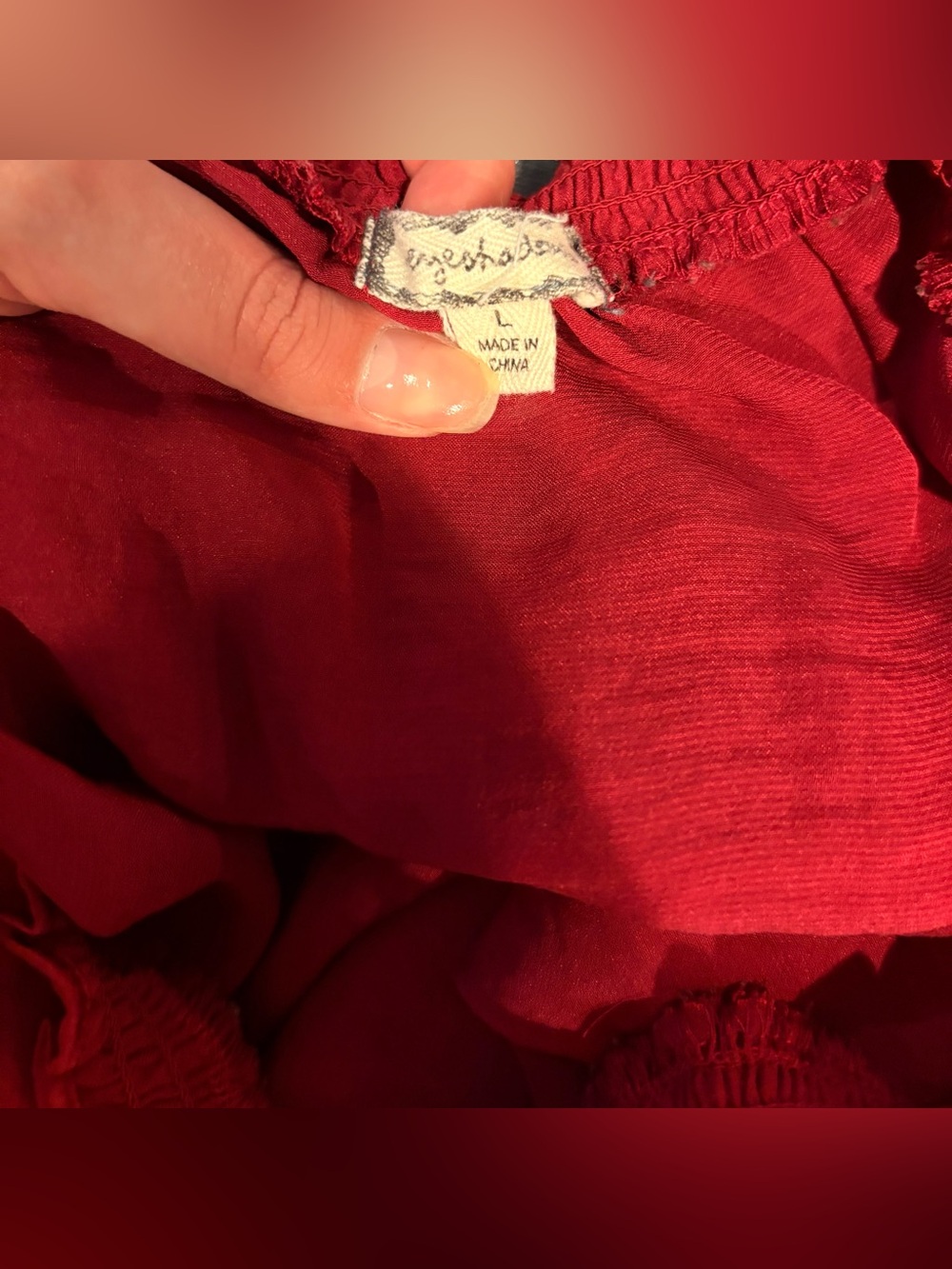 Eyeshadow Red Ruffled Button-Front Peasant Blouse - Picture 5 of 5